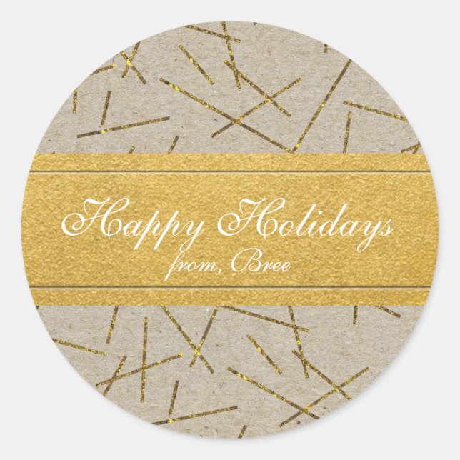 Gold Confetti Kraft Paper Rustic Holiday Stickers (Front)
