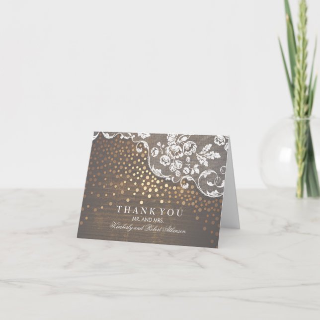 Gold Confetti Lace and Rustic Wood Thank You Card (Front)