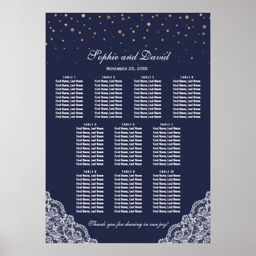 Gold Confetti Lace Navy Blue Wedding Seating Chart