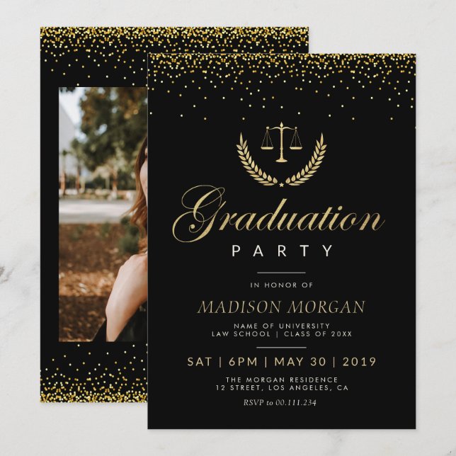 gold confetti Law school grad party invitation (Front/Back)