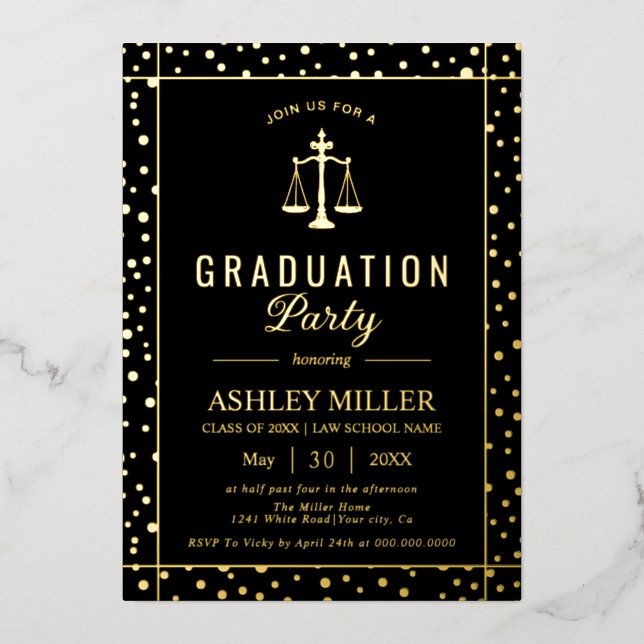Gold confetti law school graduation Class Of 2026 Foil Invitation (Front)