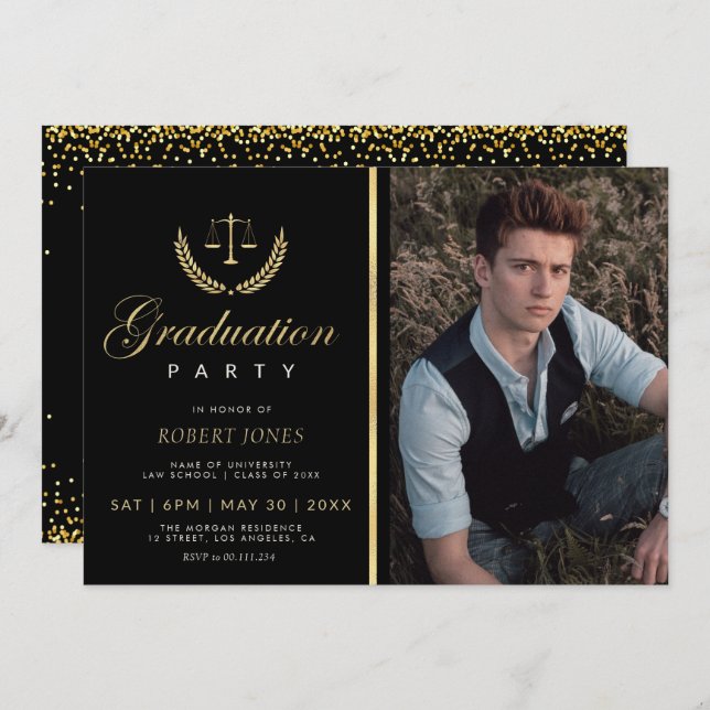 gold confetti Law school graduation party Invitation (Front/Back)