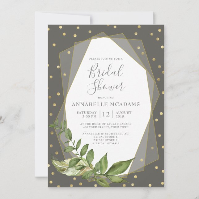 Gold Confetti Leaves Gray Geometric Bridal Shower Invitation (Front)