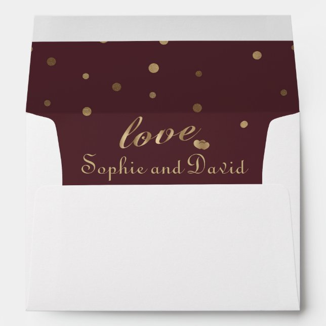 Gold Confetti Love Burgundy Wedding Envelope (Back (Bottom))