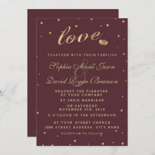 Gold Confetti Love Burgundy Wedding Invite