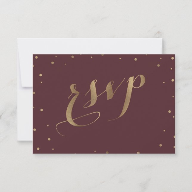 Gold Confetti Love Burgundy Wedding RSVP (Front)