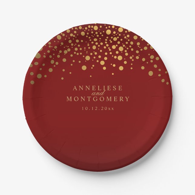 Gold Confetti Maroon Red Paper Plates (Front)