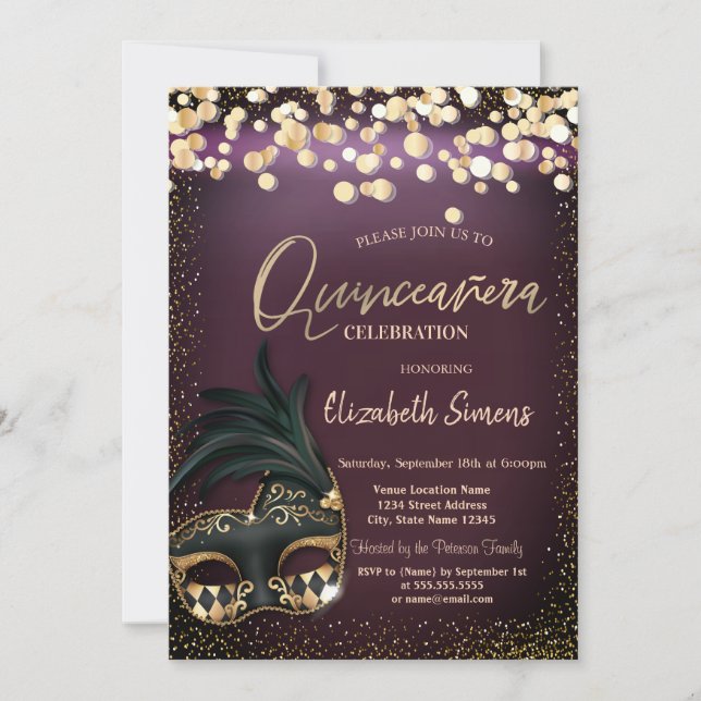 Gold Confetti Masque Burgundy Quinceañera   Invitation (Front)