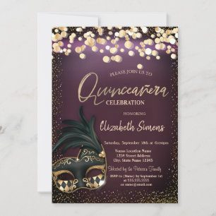 Gold Confetti Masque Burgundy Quinceañera Invitation