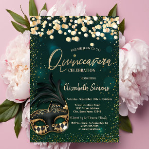 Gold Confetti Masque Green Quinceañera Invitation