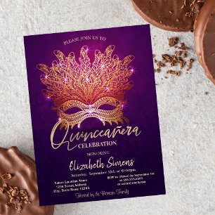 Gold Confetti Masque Purple Quinceañera Invitation