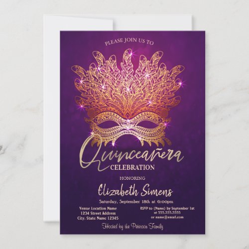 Gold Confetti Masque Purple Quinceaera  Invitation
