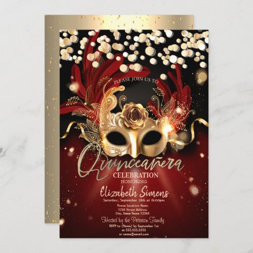 Gold Confetti Masque Red Quinceaera  Invitation