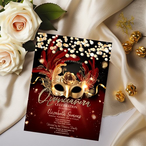 Gold Confetti Masque Red Quinceaera  Invitation