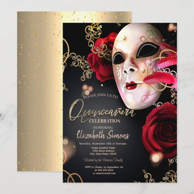 Gold Confetti Masque Red Roses Quinceañera   Invitation (Front/Back)