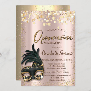 Gold Confetti Masque Rose Gold Quinceañera Invitation