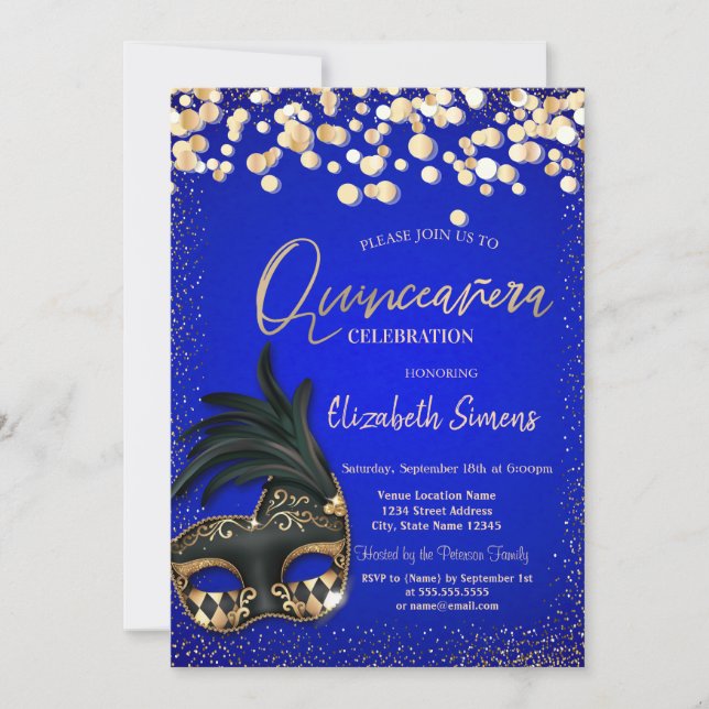 Gold Confetti Masque Royal Blue Quinceañera  Invitation (Front)