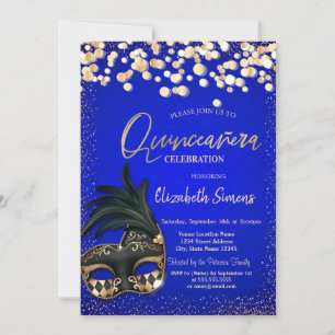 Gold Confetti Masque Royal Blue Quinceañera  Invitation