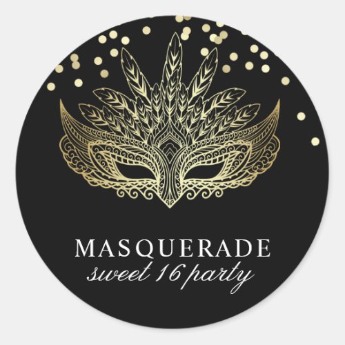 Gold Confetti Masquerade Sweet 16 Party Classic Round Sticker - Gold Confetti Masquerade Sweet 16 Party by Eugene Designs.