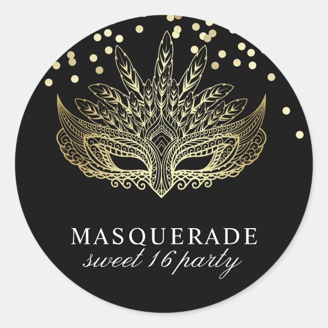 Gold Confetti Masquerade Sweet 16 Party Classic Round Sticker (Front)