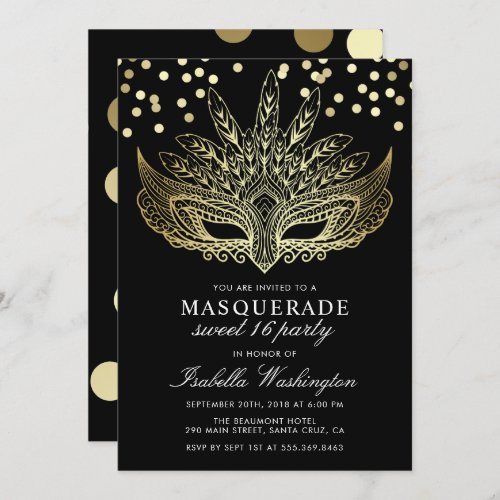 Gold Confetti Masquerade Sweet 16 Party Invitation - Gold Confetti Masquerade Sweet 16 Party Invitation by Eugene Designs.