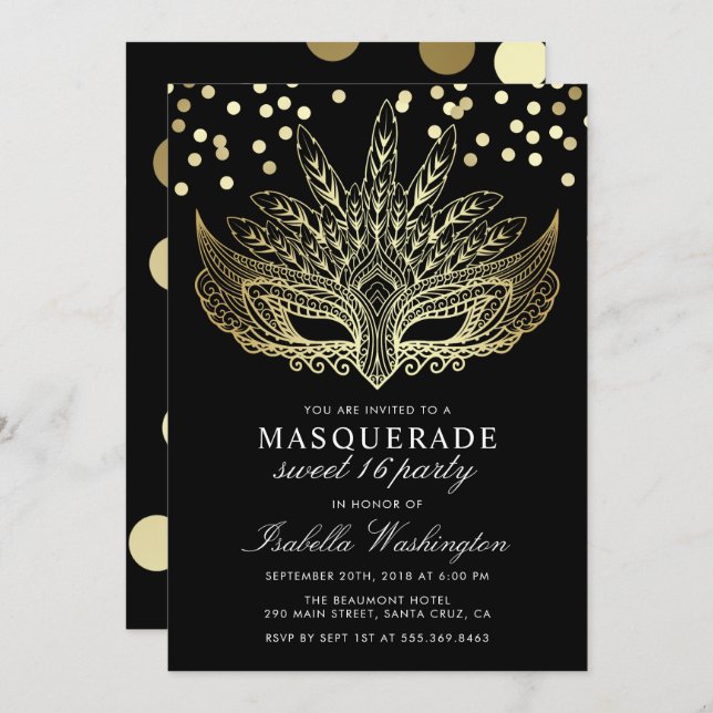 Gold Confetti Masquerade Sweet 16 Party Invitation (Front/Back)