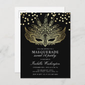 Gold Confetti Masquerade Sweet 16 Party Invitation Postcard (Front/Back)