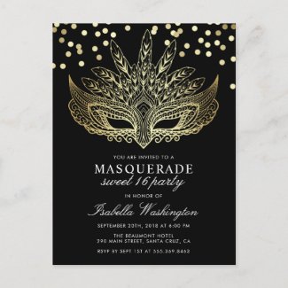 Gold Confetti Masquerade Sweet 16 Party Invitation Postcard
