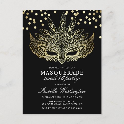 Gold Confetti Masquerade Sweet 16 Party Invitation Postcard - Gold Confetti Masquerade Sweet 16 Party by Eugene Designs.