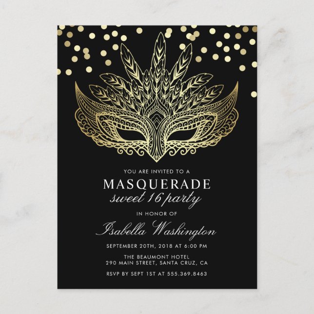Gold Confetti Masquerade Sweet 16 Party Invitation Postcard (Front)