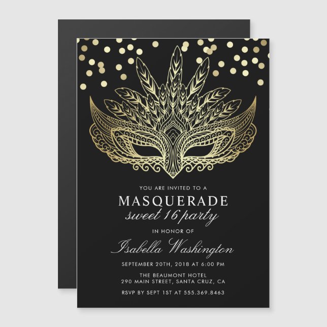 Gold Confetti Masquerade Sweet 16 Party Magnetic Invitation (Front/Back)