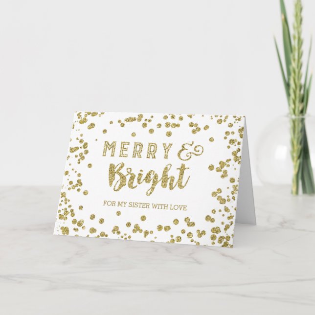 Gold Confetti Merry & Bright Christmas Card Sister (Front)