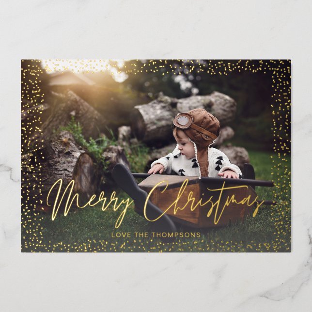 Gold Confetti Merry Christmas Photo Foil Invitation (Front)