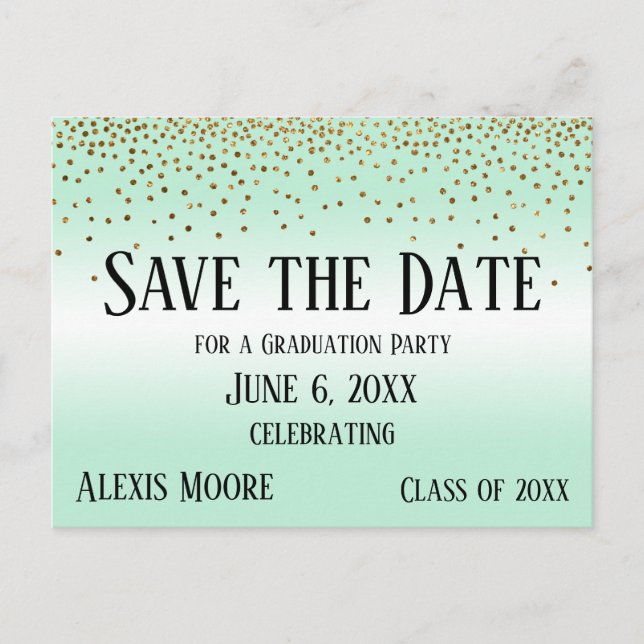 Gold Confetti Mint Green Graduation Save the Date Postcard (Front)
