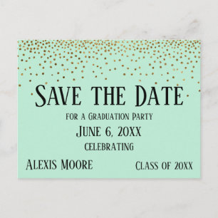 Gold Confetti Mint Green Graduation Save the Date Postcard