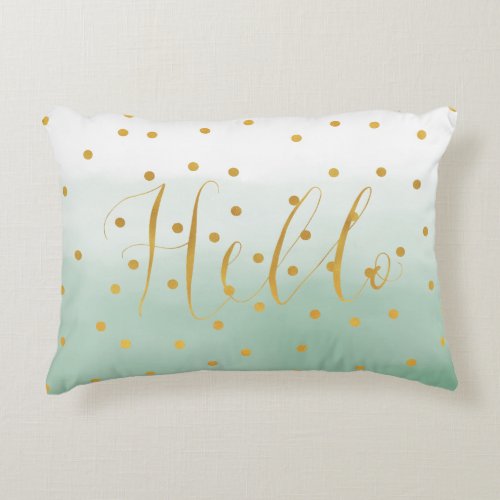 Gold Confetti Mint Watercolor Hello Accent Pillow