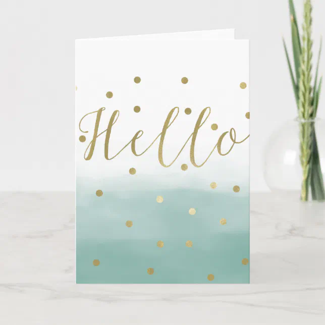 Gold Confetti Mint Watercolor Hello Card | Zazzle