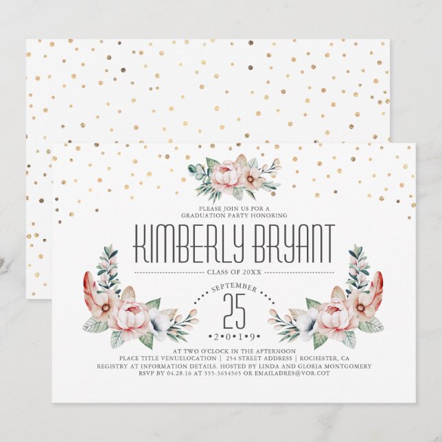 Gold Confetti | Modern Floral Graduation Party Invitation (Front/Back)