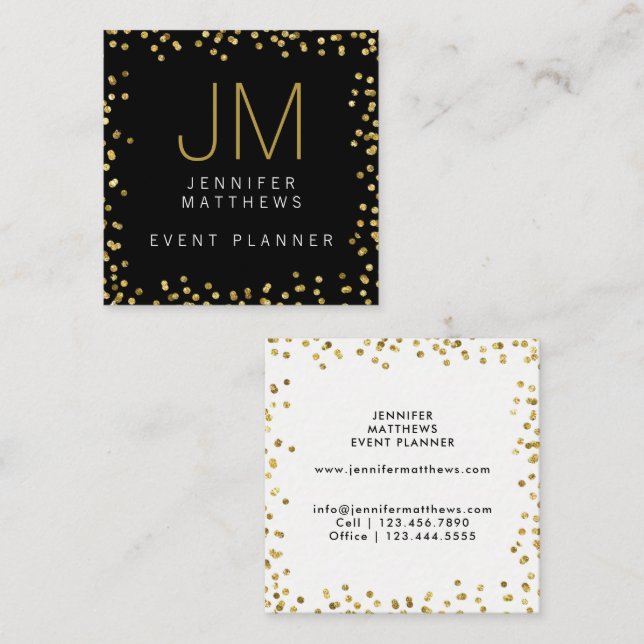 Gold Confetti Modern Monogram Event Planner Square Business Card (Front/Back)