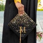 Gold Confetti Monogram Graduation Cap Topper<br><div class="desc">Personalized graduation cap topper featuring a trendy black background that can be changed to any color,  sparkly gold confetti,  the graduates initial,  name,  and class year.</div>