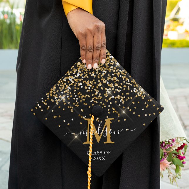 Gold Confetti Monogram Graduation Cap Topper (Creator Uploaded)
