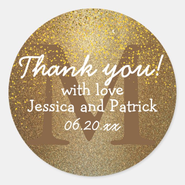 Gold Confetti Monogram Wedding Thank You Stickers (Front)
