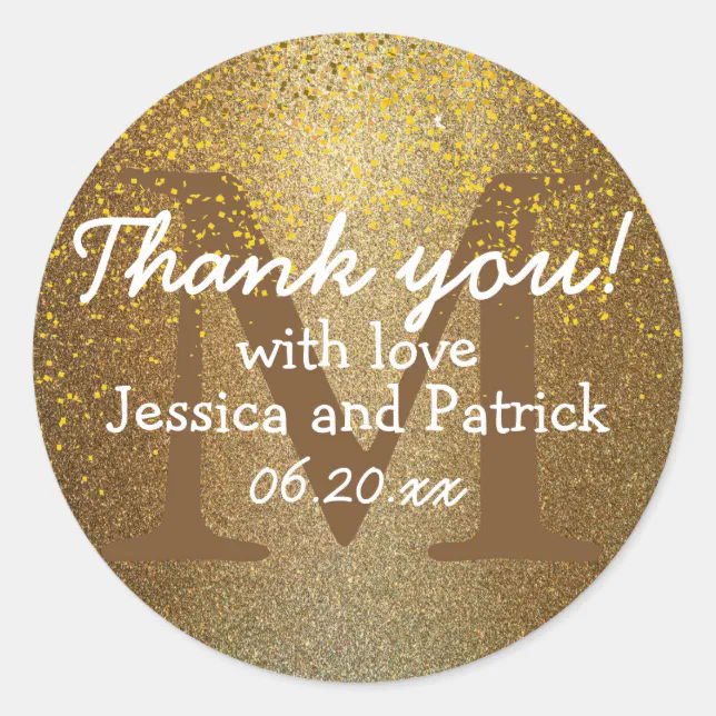 Gold Confetti Monogram Wedding Thank You Stickers | Zazzle