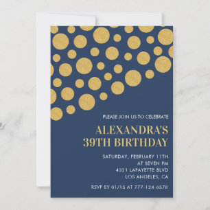 Gold Confetti Navy Blue 39th birthday invitations