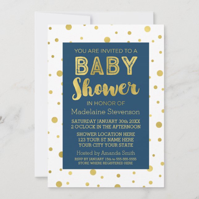 Gold Confetti Navy Blue Baby Shower Invitations (Back)