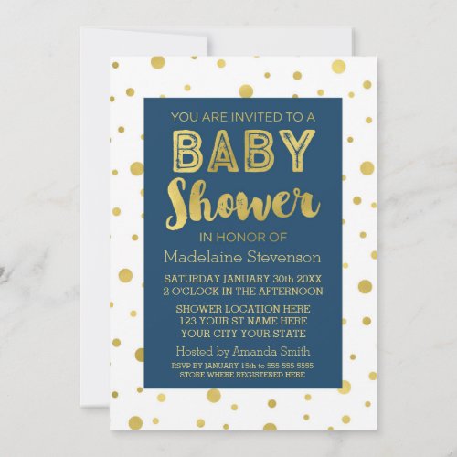 Gold Confetti Navy Blue Baby Shower Invitations