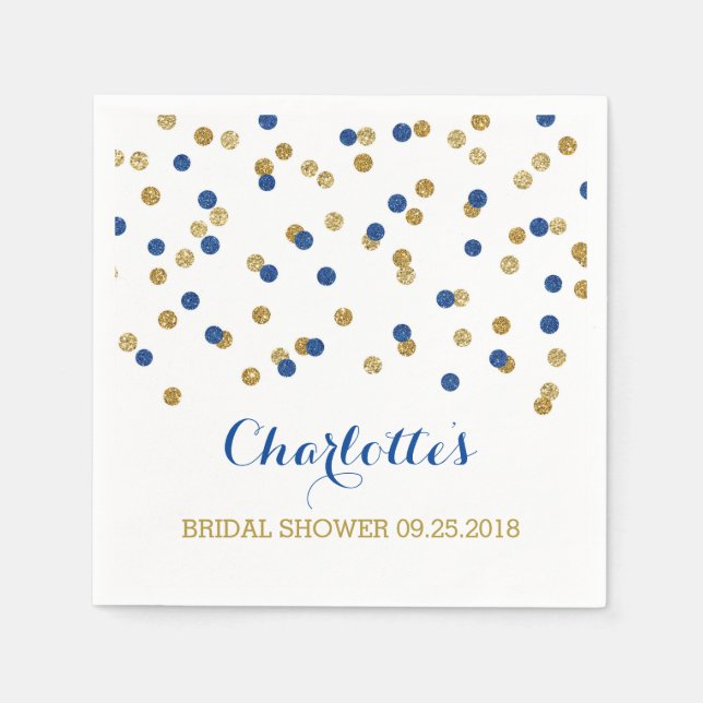 Gold Confetti Navy Blue Bridal Shower Paper Napkins (Front)