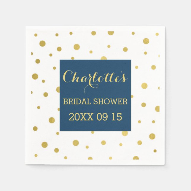 Gold Confetti Navy Blue Bridal Shower Paper Napkins (Front)