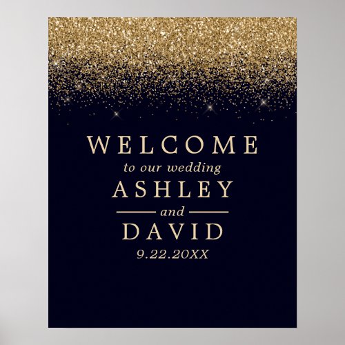 Gold Confetti Navy Blue Chic Wedding Welcome Poster