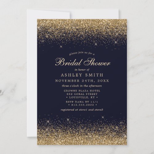 Gold Confetti Navy Blue Modern Bridal Shower Invitation